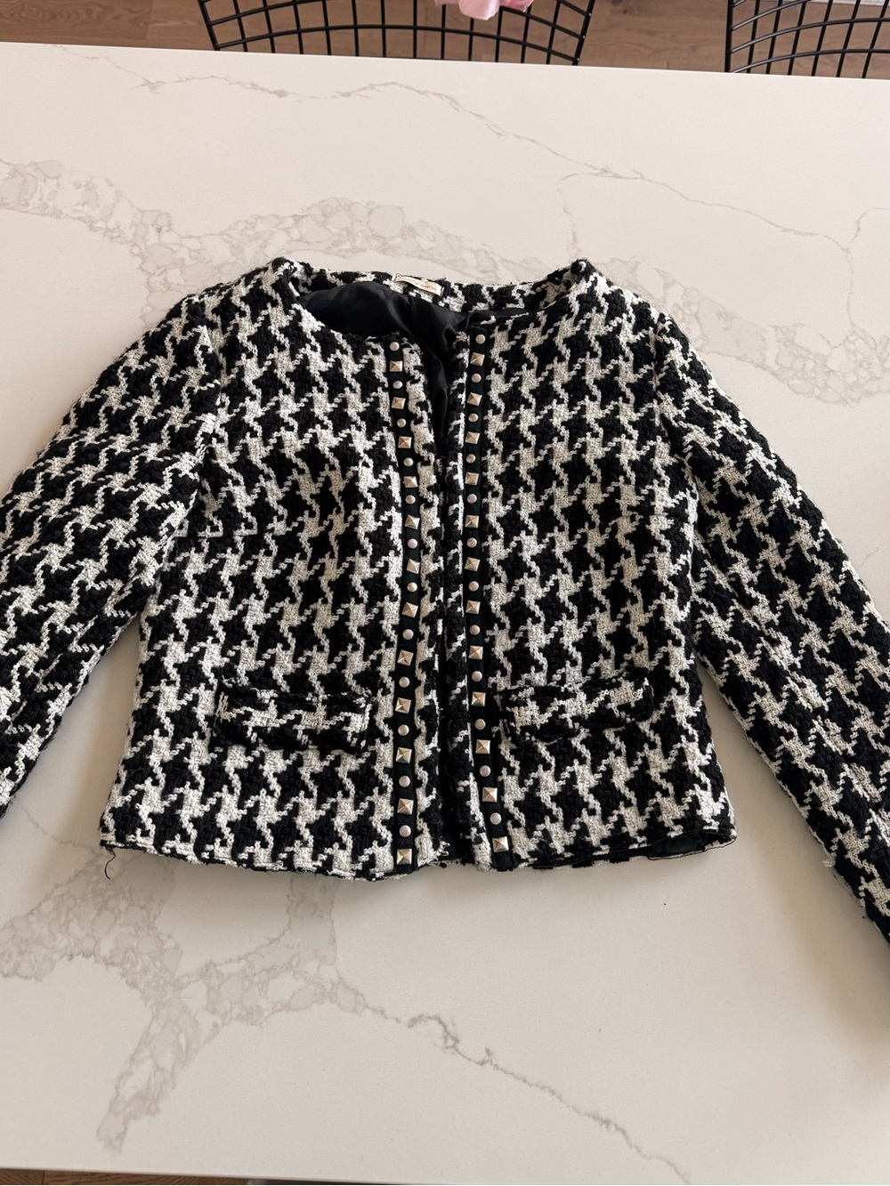 Black & White Houndstooth Stud-Trim Cropped Blazer